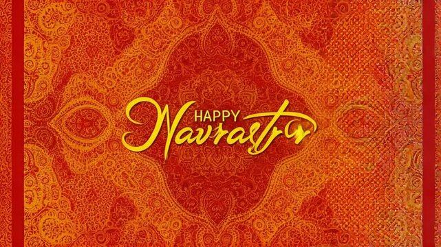 Vibrant orange and red Navratri greeting card with intricate patterns and yellow text