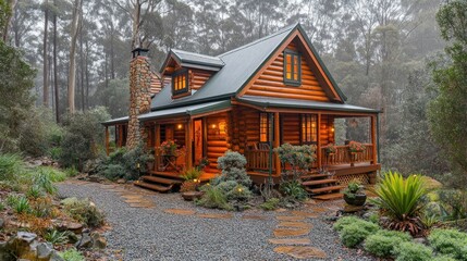 Cozy log cabin in a misty forest