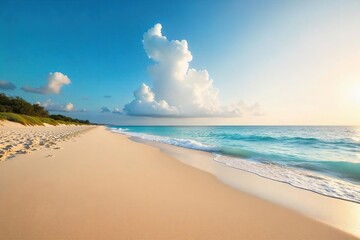Fototapeta premium Endless horizon of pristine sandy beach stretching out to meet the calm ocean under a vibrant sky Perfect for travel, vacation, and summer themes , travel, serene, seashore