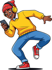 Cartoon dancer, smartphone in hand, yellow sweater, red beanie, joyful pose, vector illustration, cad drawing, flat design, music lover, digital youth