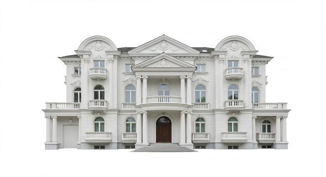 Grand white mansion stands majestically against a bright background showcasing neoclassical architecture.. AI Generated - Powered by Adobe
