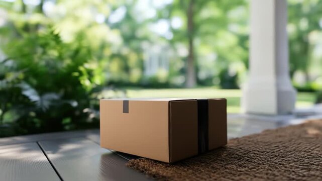 Delivery of a cardboard box package placed on the entrance mat