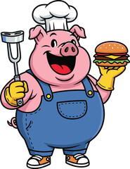 Cartoon pig chef, hamburger holder, grilling fork, cooking character, food mascot, vector illustration, cad drawing, flat design, barbecue theme, kitchen fun
