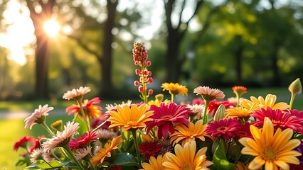 A vibrant floral arrangement in an English park, bathed in morning sunlight with delicate dew drops.