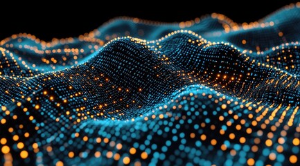 Abstract digital landscape of interconnected points, teal and gold