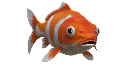 Vibrant orange koi fish swims playfully against white background brightly lit. AI Generated