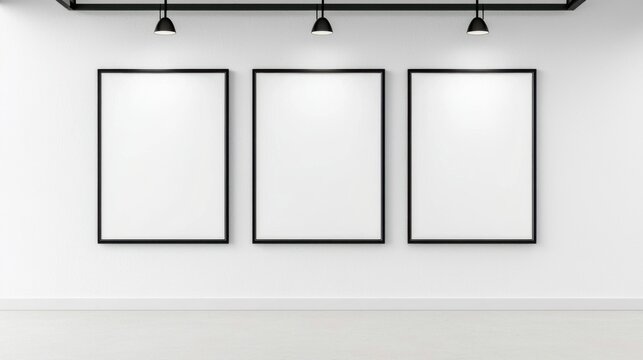 Three empty frames hanging on a wall in an empty room with a gallery triptych frame mockup
