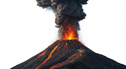 Fiery volcanic eruption powerfully explodes dark ash cloud against bright white background. AI Generated