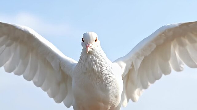 white pigeon spreading wings blue sky