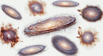 Stunning cosmic swirls elegantly painted across a white canvas showcase diverse galaxy types.. AI Generated