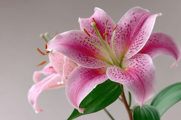 Fototapeta premium Close-up of a blooming pink lily with green leaves and water droplets