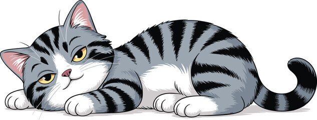 Cute cartoon tabby cat lying down, happy relaxed feline illustration, vector drawing of smiling kitty, adorable pet animal character isolated © Hey this is Tazim