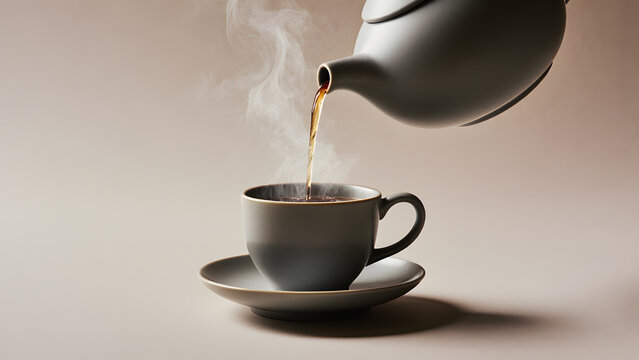 An Elegant Ceramic Teapot Pouring Hot Tea into a Cup