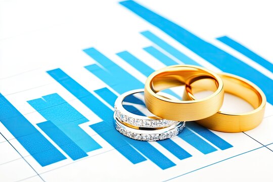 Gold and diamond wedding rings atop a financial chart - Powered by Adobe