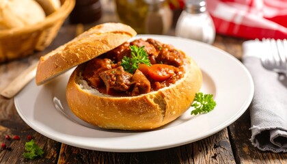 Hearty stew in a bread bowl