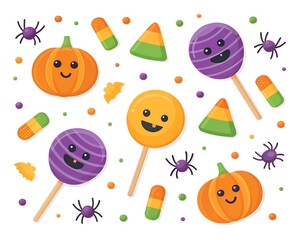 Cute Halloween Candies and Spiders with Pumpkins and Lollipops Keywords: halloween, candy, pumpkin, spider, lollipop, trick or treat, sweet, autumn, october, spooky, fun, festive, celebration