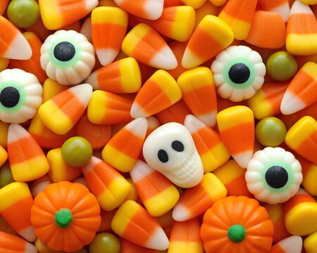 Close-up of a pile of Halloween candy including candy corn pumpkins eyeballs and skulls