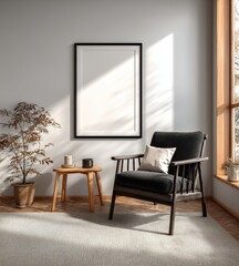 Cozy Living Room Interior With Black Frame and Wooden Furniture