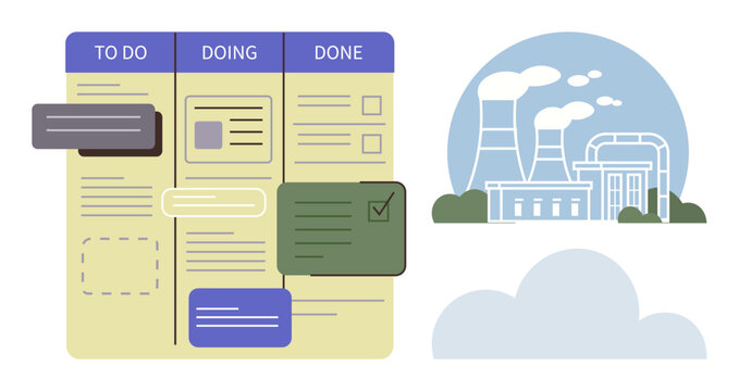 Kanban task board for project management with columns to do, doing, done alongside industrial factory emitting smoke. Ideal for process, productivity, project, teamwork, environmental, efficiency