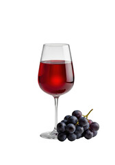 A high-end crystal clear borosilicate glass with ruby-red grape juice, beside fresh dark purple grapes with natural bloom, on a seamless transparent background with soft lighting, concept of premium