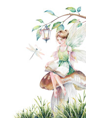 Little fairy with wings in green dress sitting on mushroom in grass with book, dragonflies, branch and lantern. Bright clipart for holiday cards hand drawn watercolor illustration isolated on white