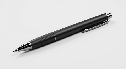 Sleek black pen rests subtly on bright white background showcasing minimalist design. AI Generated