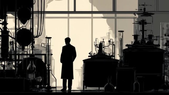 Silhouetted scientist in a vintage laboratory setting.  Large industrial machinery and glass apparatus fill the space