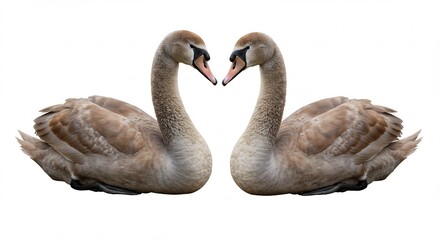 Two young swans gently touch beaks against pure white background. AI Generated