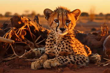 A young cheetah rests on the ground surrounded by dry plants in the warm sunlight during golden hour, showing off its distinctive spotted coat and alert expression in its natural habitat.