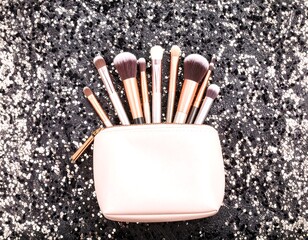 Makeup brushes in a pink pouch on a sparkly background