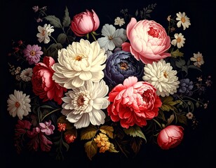 Beautiful bouquet of different flowers on black background.