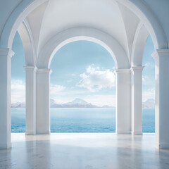 Bright and airy room with ocean view through elegant arches during the day