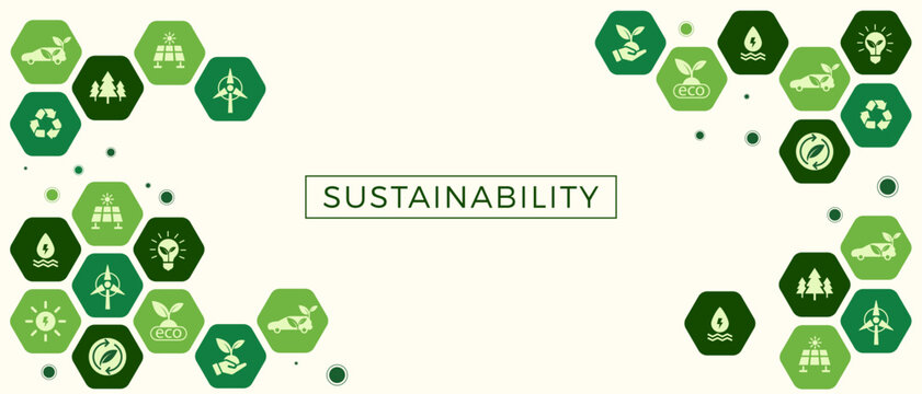 Sustain environment, green energy vector illustration. Ecology icons, recycle energy technology concept for eco friendly background. Save planet design in flat modern style, geometric shape.