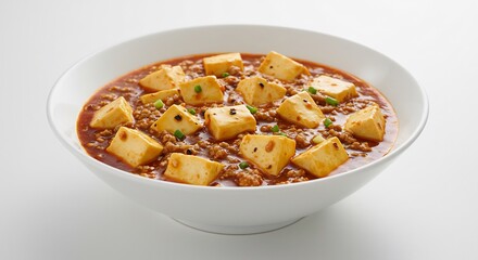 Delicious spicy tofu cubes simmer gently in rich savory sauce. AI Generated