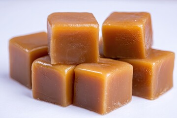 Stack of caramel candies, light brown, square shapes, close-up