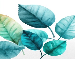Watercolor leaves in teal and mint green hues against a white background