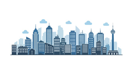 Naklejka premium Abstract blue cityscape illustration with skyscrapers and clouds creating a clean and modern skyline perspective