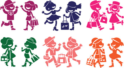 Silhouette illustration of joyful shoppers in various colors, each holding shopping bags and appearing to walk or dance together enthusiastically.