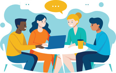 Diverse group of people collaborating around a table with a laptop and coffee