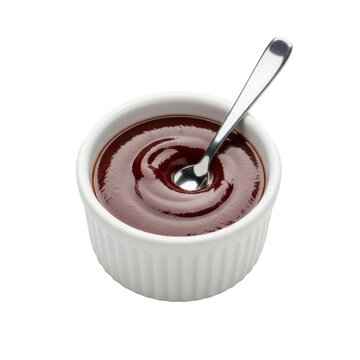 transparent porcelain ramekin with deep mahogany BBQ sauce, polished silver spoon on rim, isolated on transparent, 45-degree angle, bright studio light, photorealistic product concept