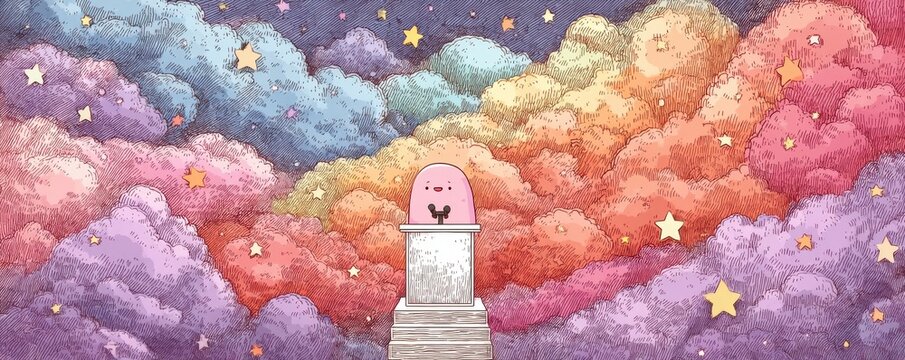 Cute character at a podium surrounded by vibrant colorful clouds and stars