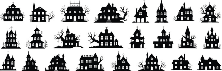 Haunted house silhouettes, spooky architecture, Halloween icons, eerie buildings, black illustration, scary design, horror theme