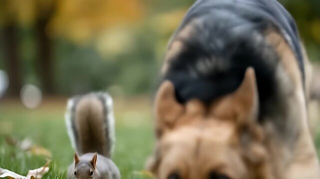 A German Shepherd dog chases a squirrel across a grassy park.