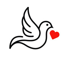 Fototapeta premium Simple outline drawing of a dove carrying a red heart in its beak