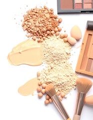 Makeup products arranged on white background