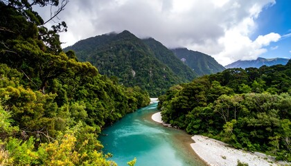 Turquoise river winding through lush green mountains