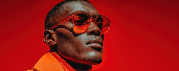 Striking portrait of an individual in vibrant red and modern sunglasses