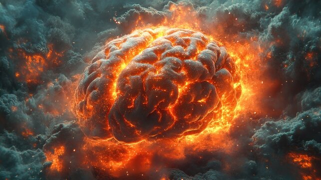 Fiery brain exploding amidst smoke