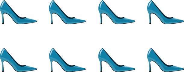 Blue high heels, fashion shoes, stiletto silhouette, glossy footwear, stylish design, digital illustration, elegant pattern