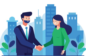 Business Deal Handshake with Cityscape Background Illustration Depicting Partnership and Agreement